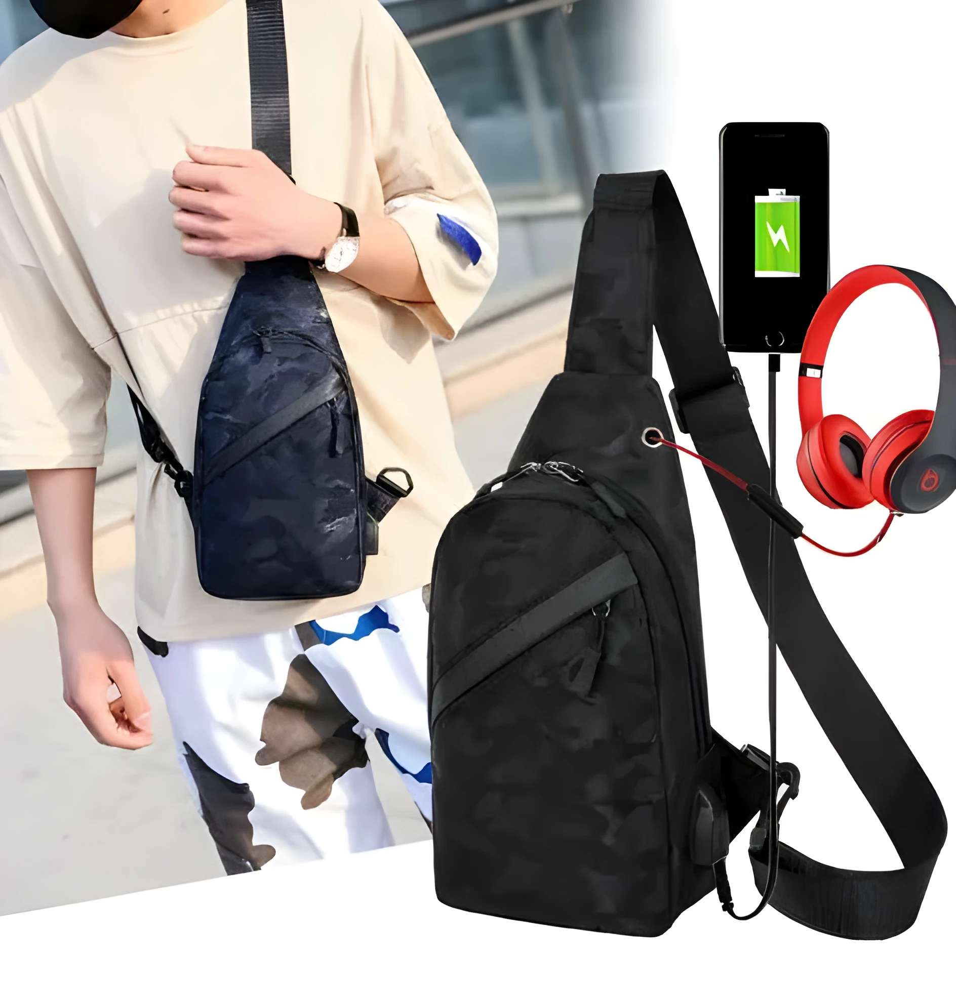 Men's camouflage crossbody chest bag with headphone hole in Camo Black
