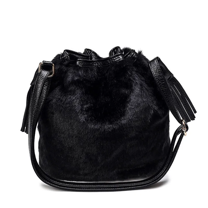 Fashion ladies plush bucket bag in plain pattern with draw belt closure and single strap, available in multiple colours