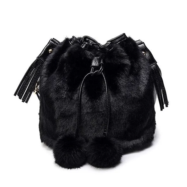 Fashion ladies plush bucket bag in plain pattern with draw belt closure and single strap, available in multiple colours