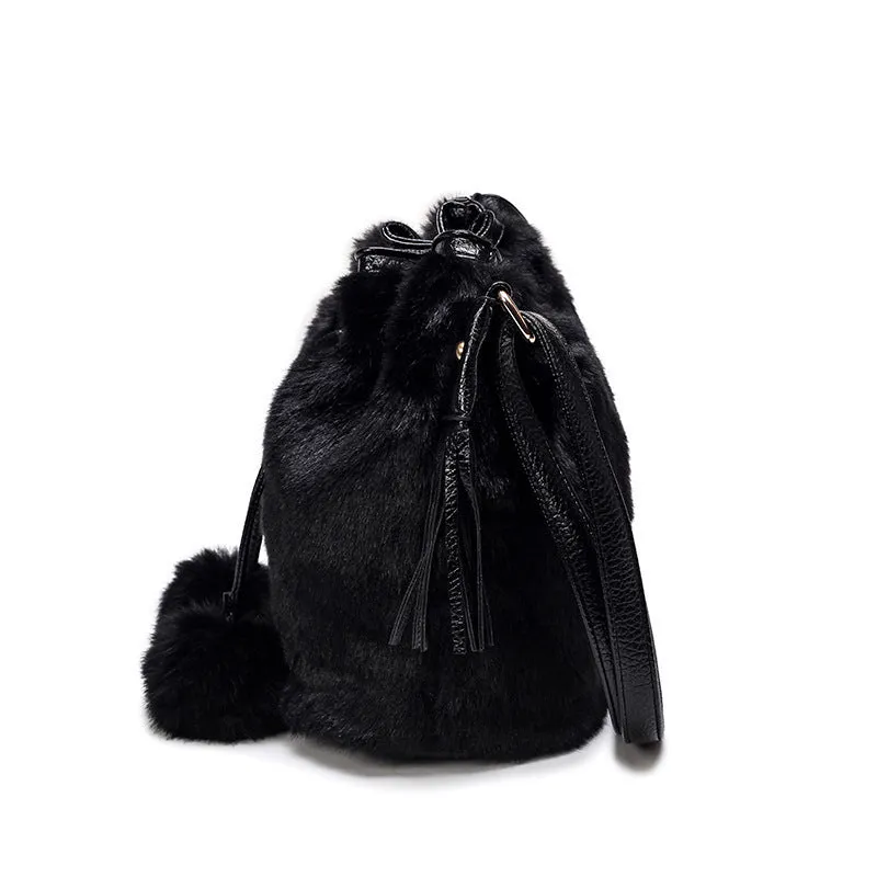 Fashion ladies plush bucket bag in plain pattern with draw belt closure and single strap, available in multiple colours
