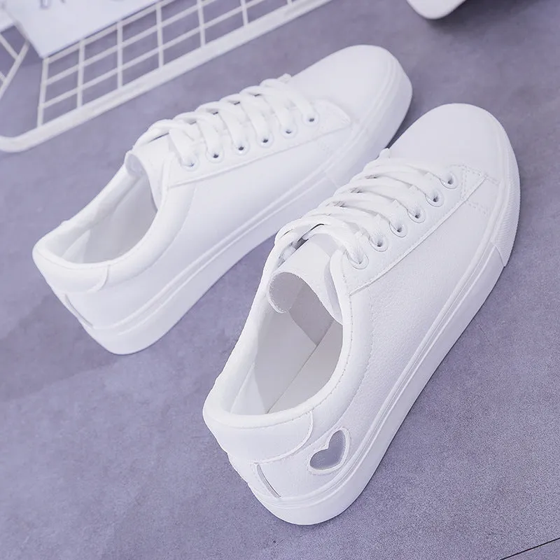 Women's PU leather heart flats shoes with colourful beads and stainless steel pendant on white background