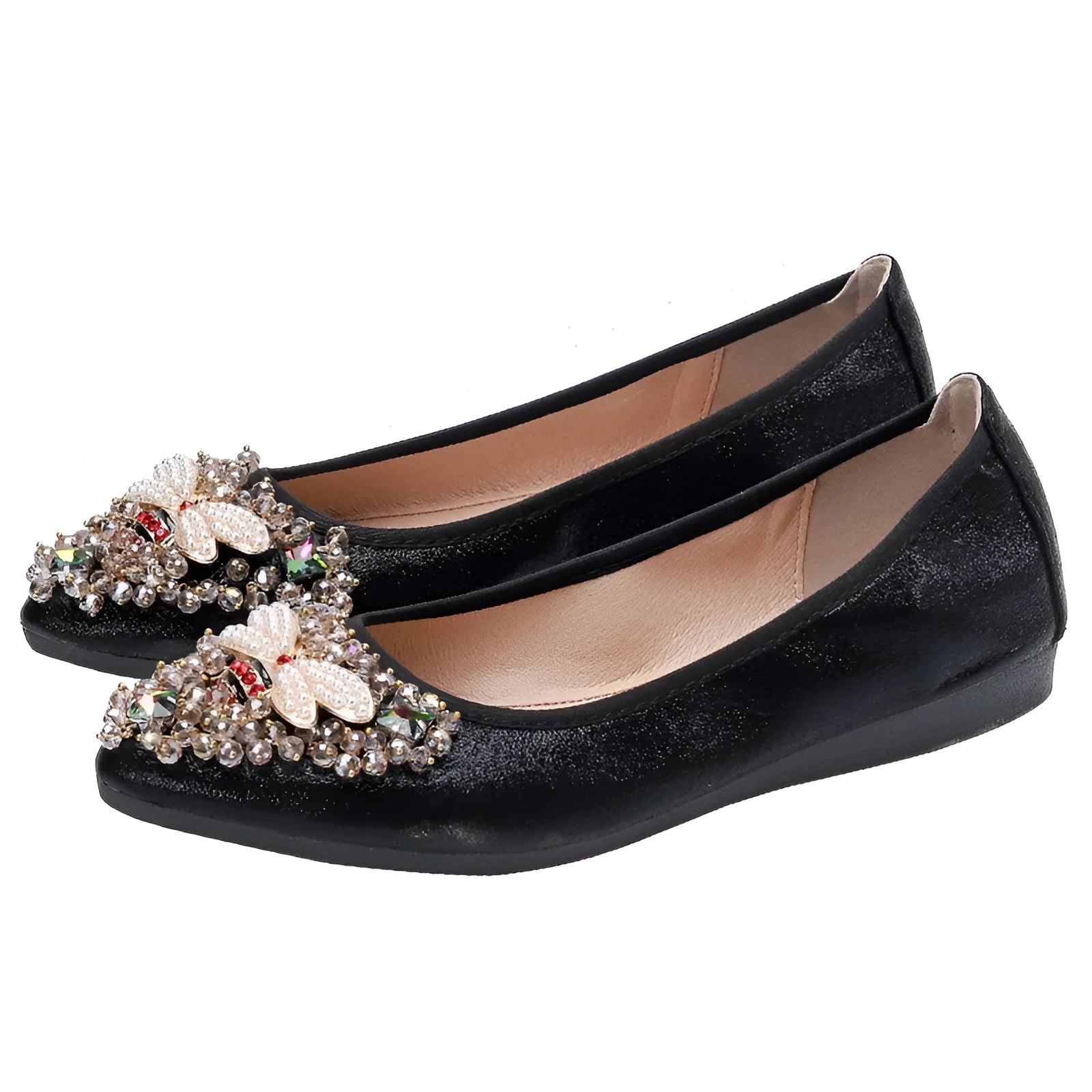 Women's rhinestone flat casual shoes in black with beef tendon sole