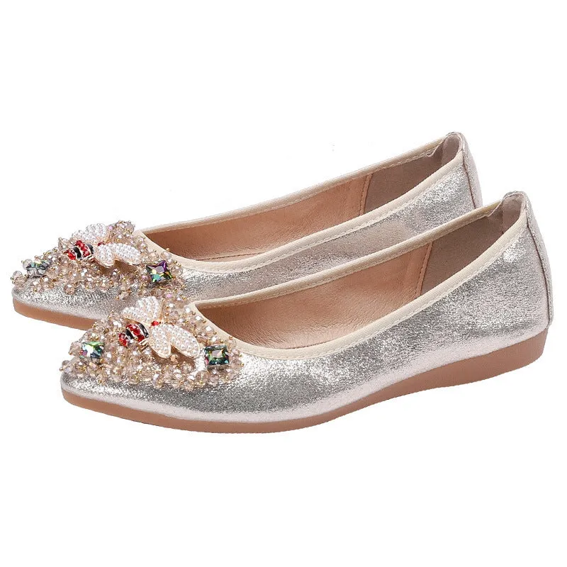 Women's rhinestone flat casual shoes in black with beef tendon sole