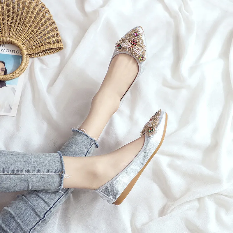 Women's rhinestone flat casual shoes in black with beef tendon sole