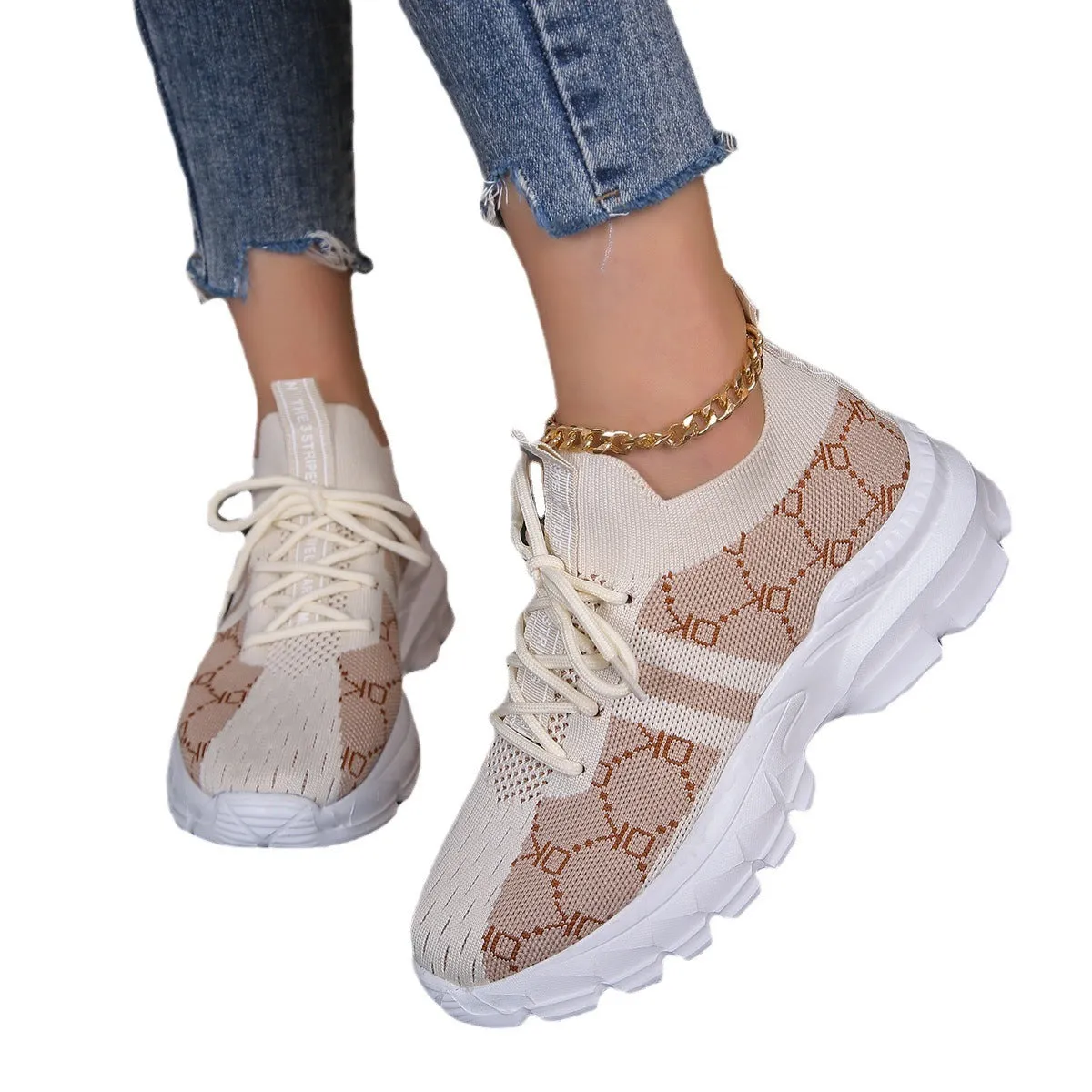 Women's breathable mesh lace-up sneakers in light brown with round toe and low upper
