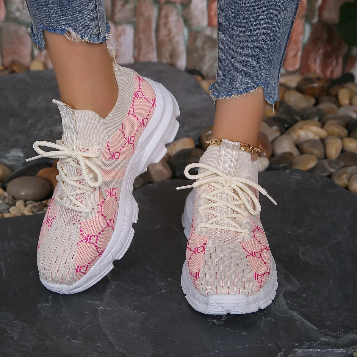 Women's breathable mesh lace-up sneakers in light brown with round toe and low upper