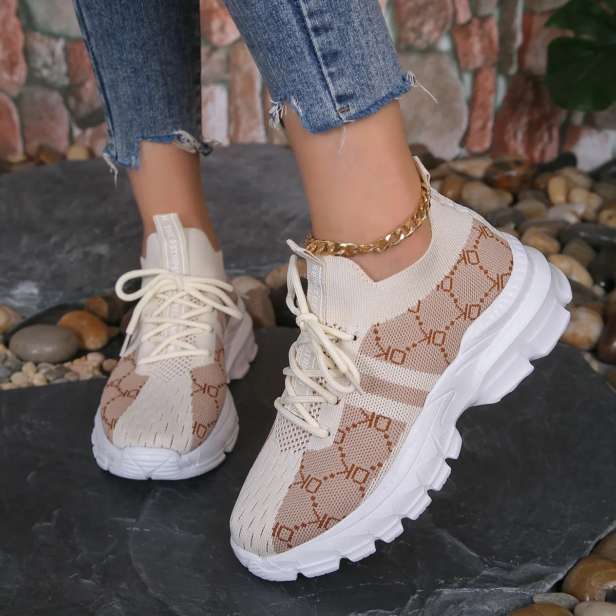 Women's breathable mesh lace-up sneakers in light brown with round toe and low upper