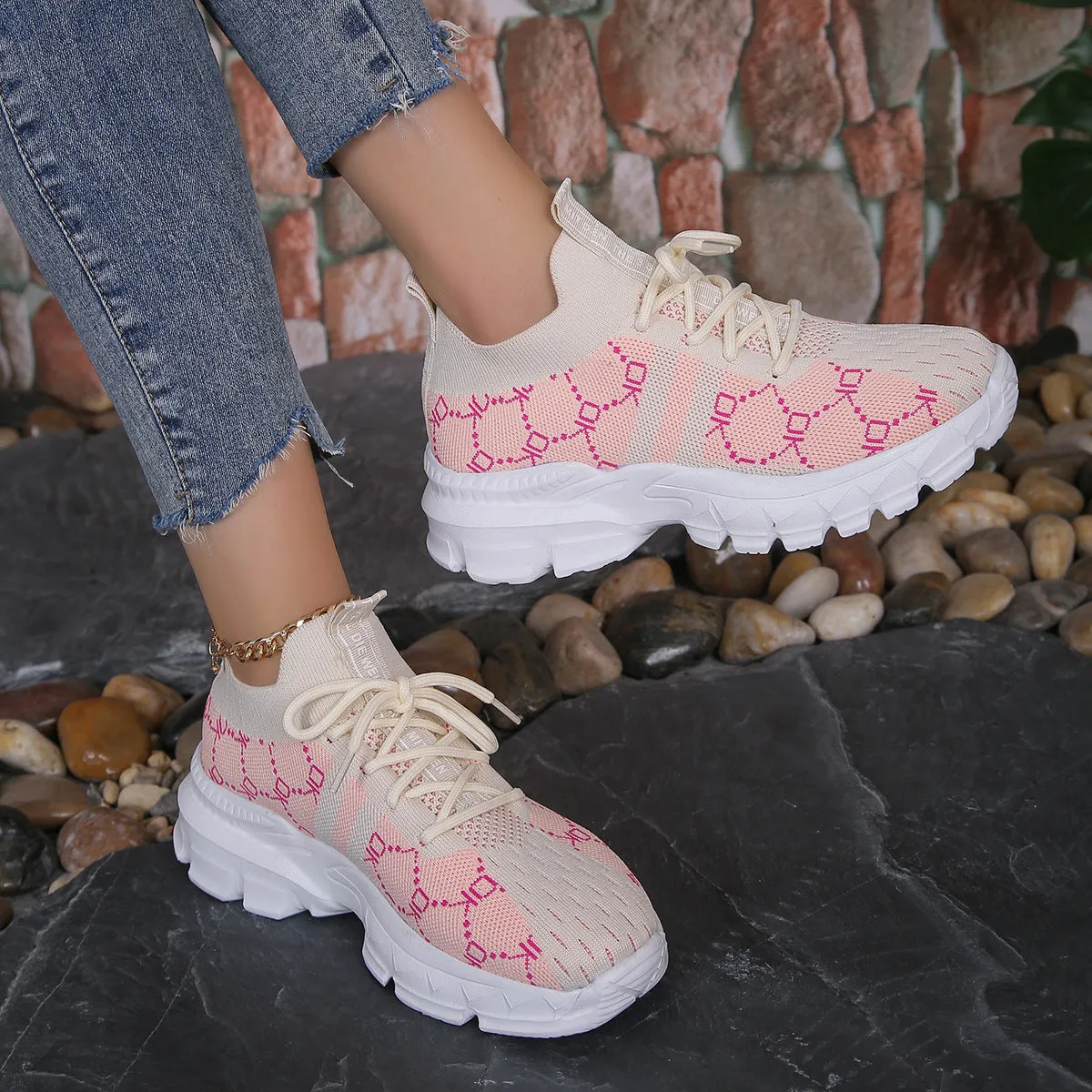 Women's breathable mesh lace-up sneakers in light brown with round toe and low upper