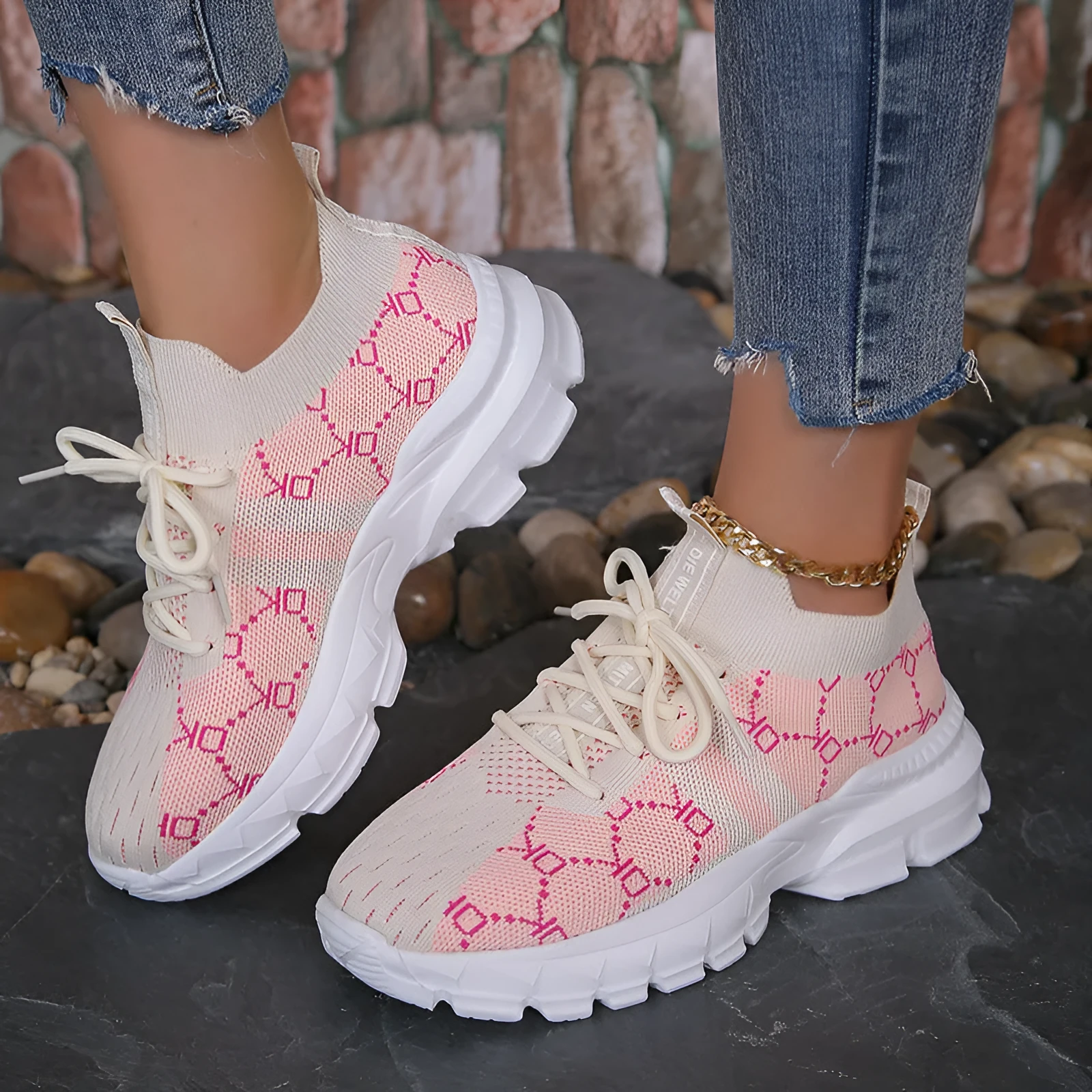 Women's breathable mesh lace-up sneakers in light brown with round toe and low upper