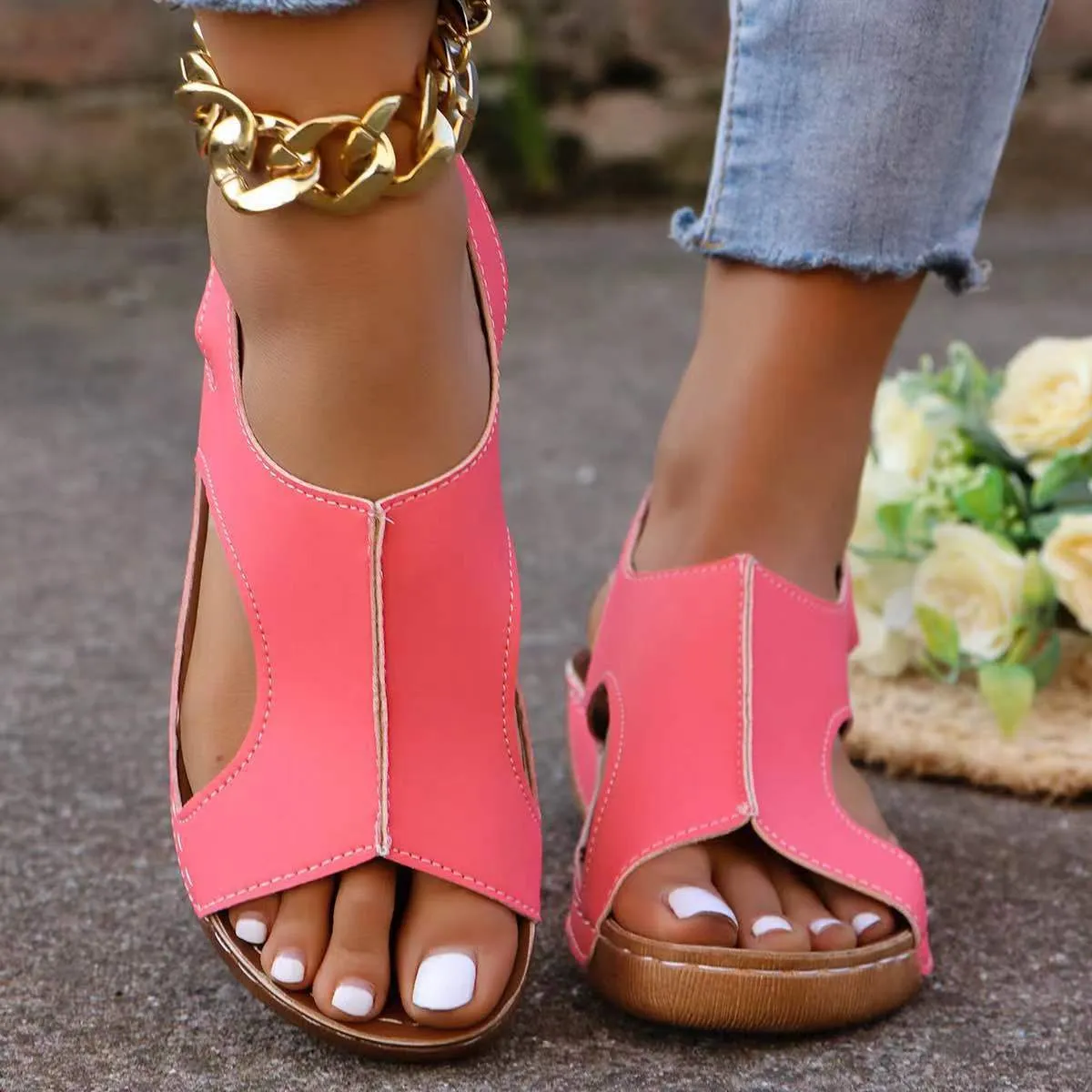 Women's recycled leather summer wedges sandals with elastic band and fish mouth toe in white