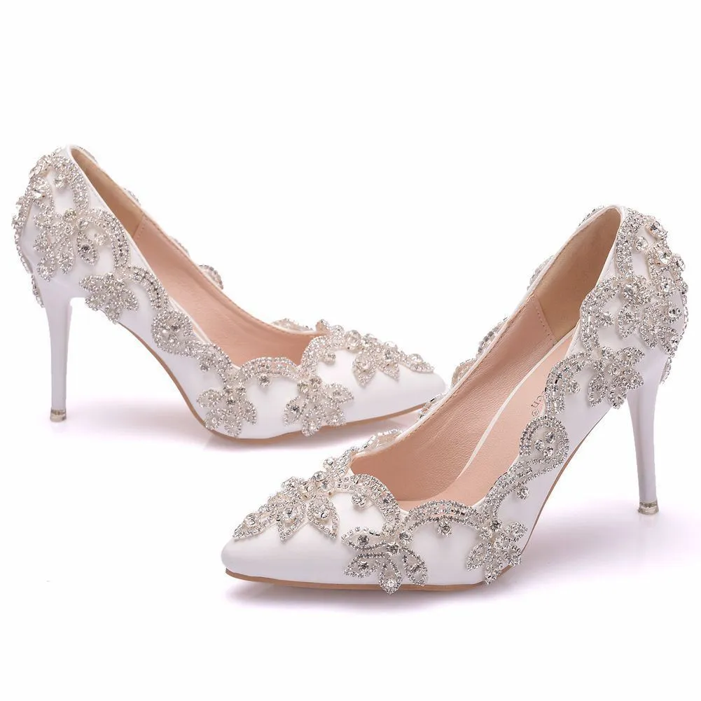 Rhinestone high heel shoes for women, super high stiletto heel, white diamond finish, PU sole