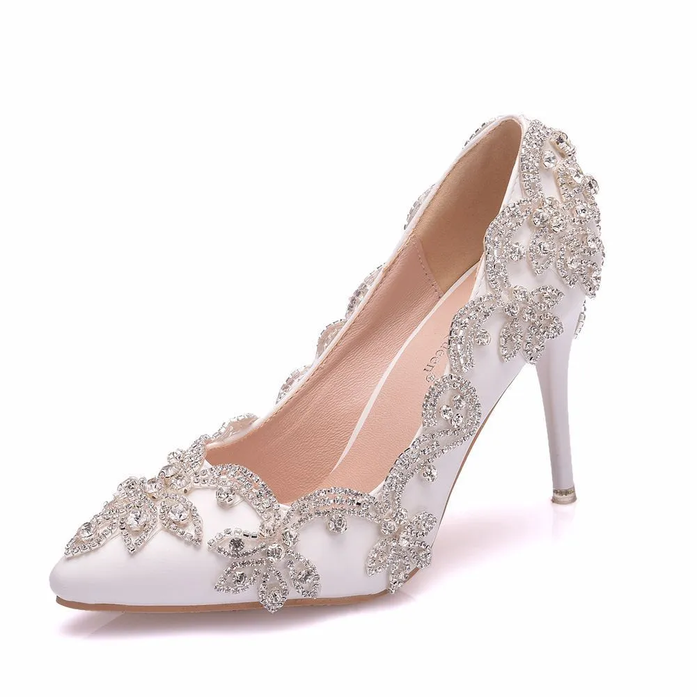 Rhinestone high heel shoes for women, super high stiletto heel, white diamond finish, PU sole