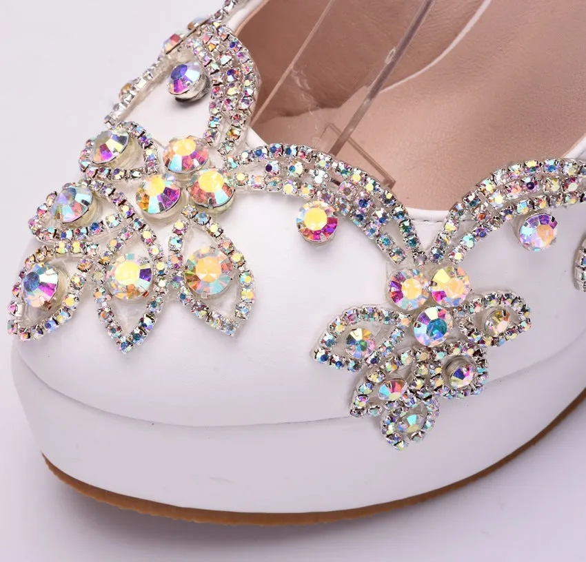 Rhinestone high heel shoes for women, super high stiletto heel, white diamond finish, PU sole