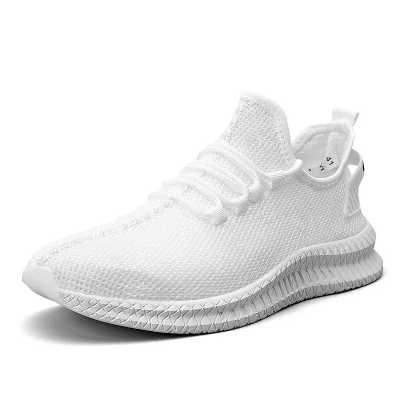 Men's woven mesh sports casual shoes in white with front tie lacing and low-top design