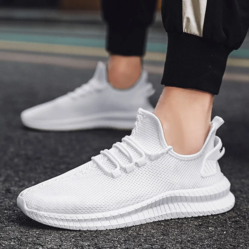 Men's woven mesh sports casual shoes in white with front tie lacing and low-top design