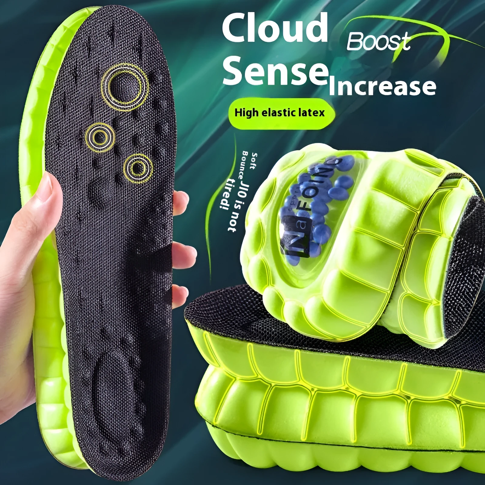 Green PU air cushion sports insoles with argy wormwood for shock absorption and sweat control.