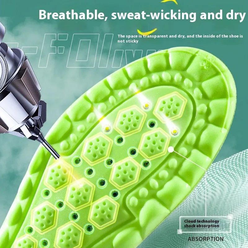 Green PU air cushion sports insoles with argy wormwood for shock absorption and sweat control.