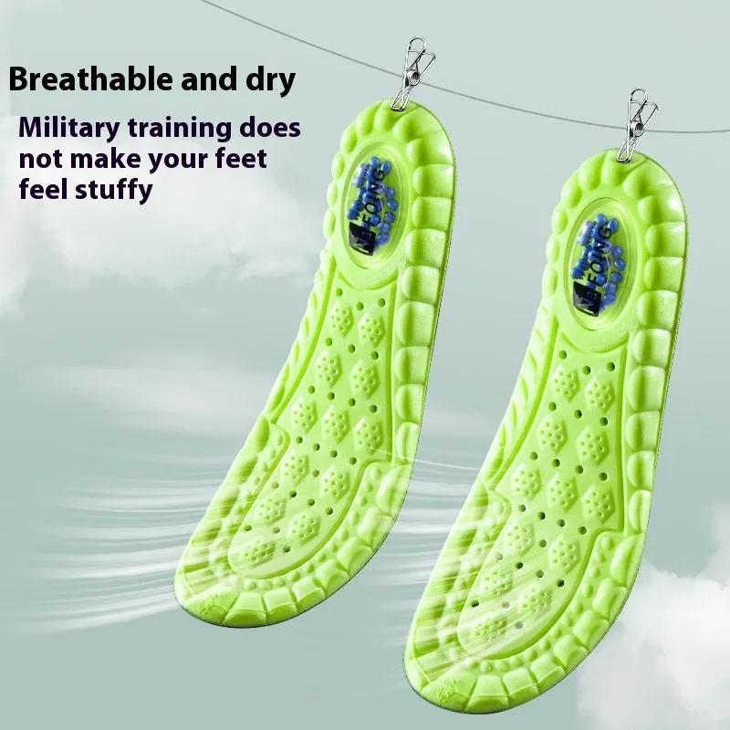 Green PU air cushion sports insoles with argy wormwood for shock absorption and sweat control.