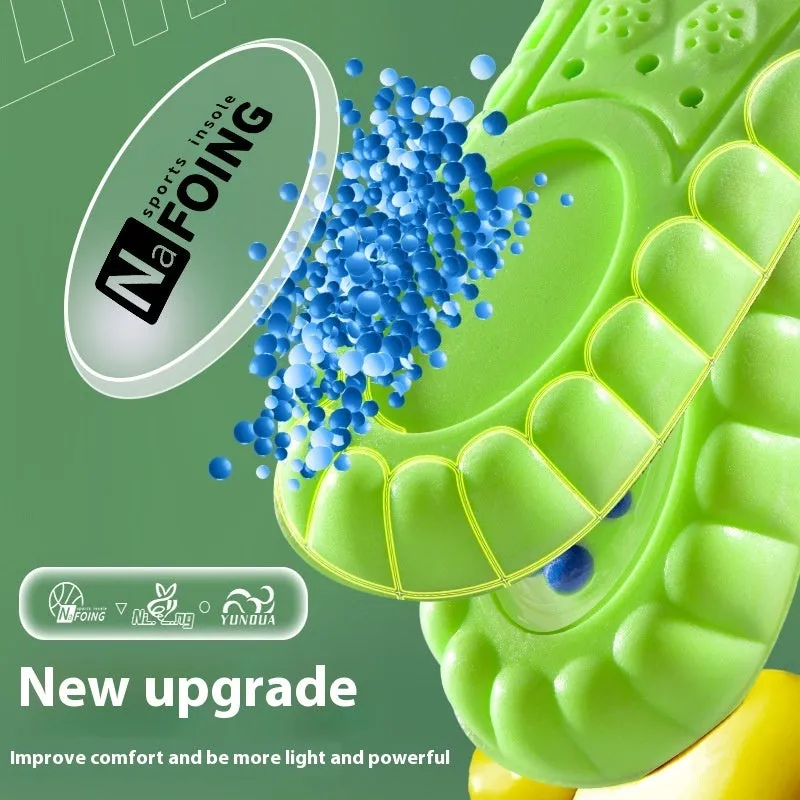 Green PU air cushion sports insoles with argy wormwood for shock absorption and sweat control.