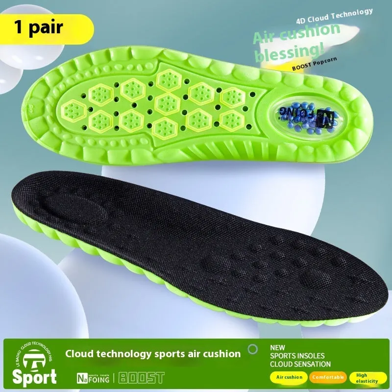 Green PU air cushion sports insoles with argy wormwood for shock absorption and sweat control.