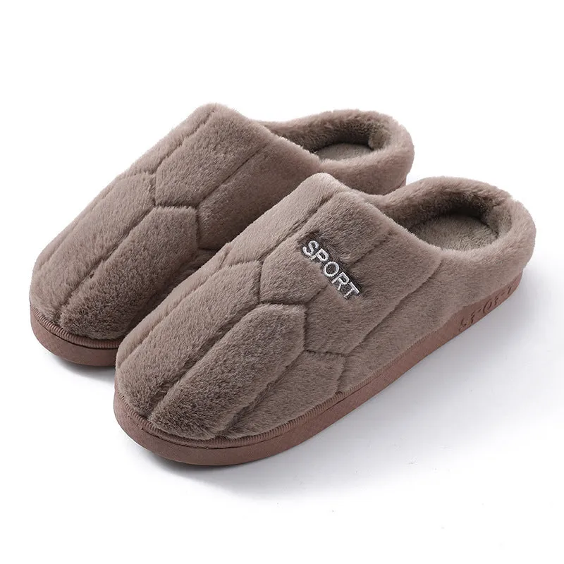 Unisex plush house slippers with white honeycomb-patterned PVC sole, showing round toe and plush inner lining in purple colour