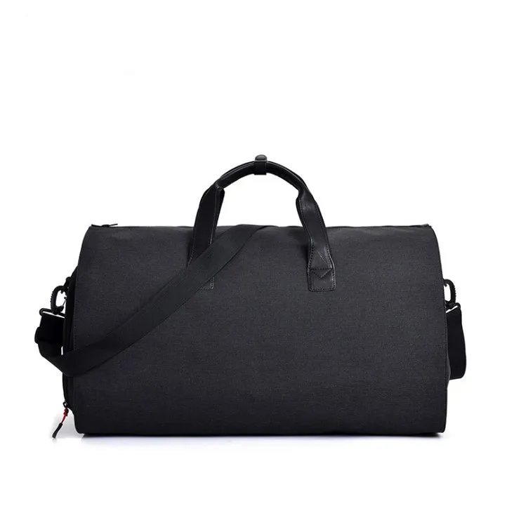 Oxford cloth travel garment bag in black with visible sewing thread details and oval shape