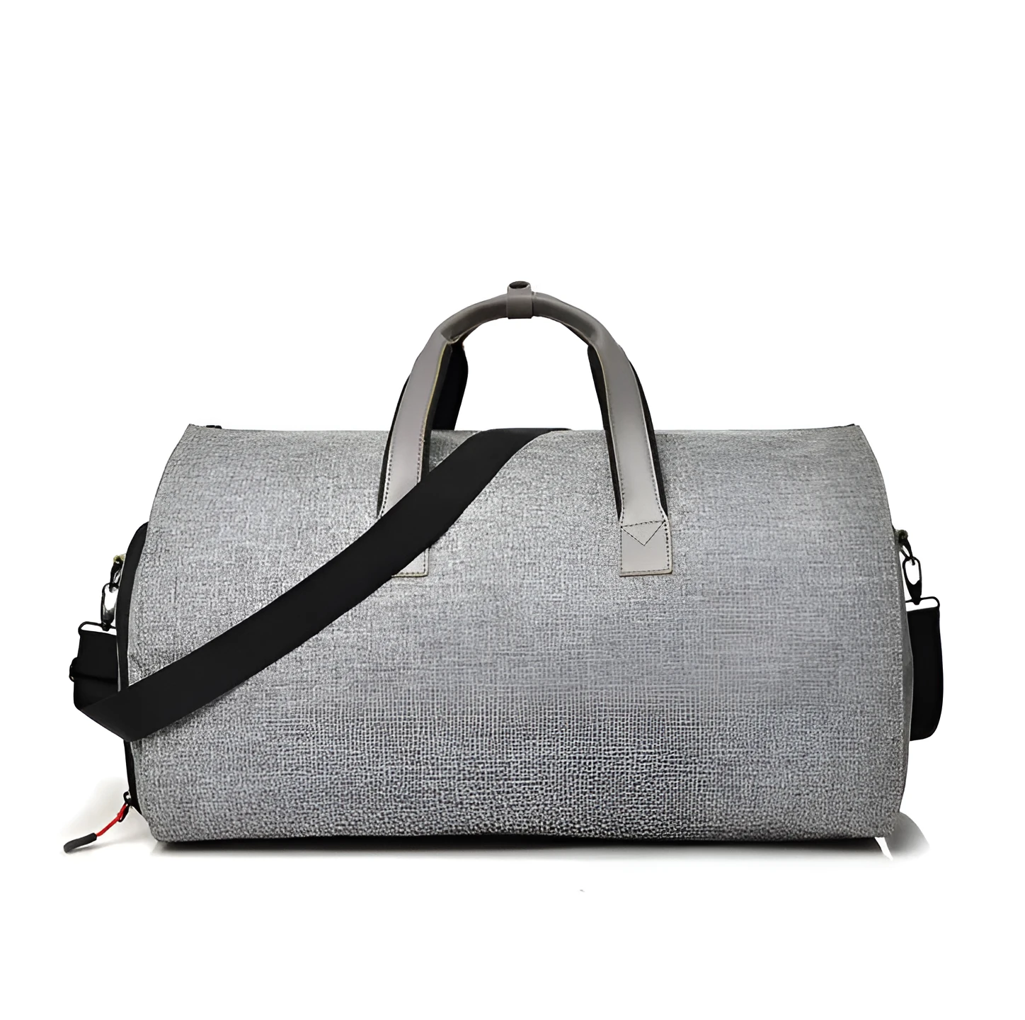 Oxford cloth travel garment bag in black with visible sewing thread details and oval shape