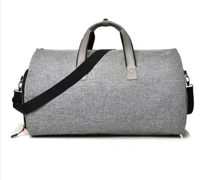 Oxford cloth travel garment bag in black with visible sewing thread details and oval shape
