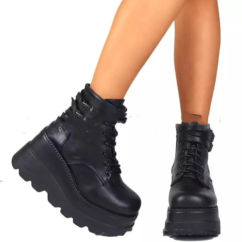 Women winter platform boots in black with front tie lace-up and genuine leather upper