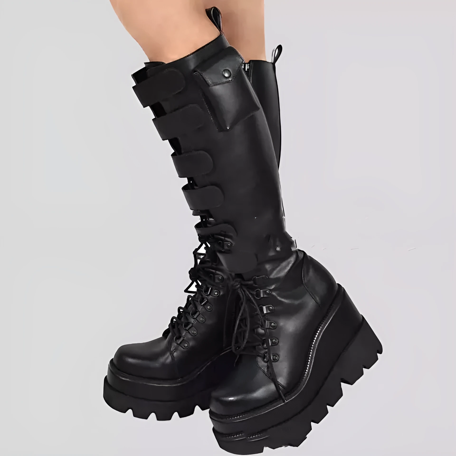 Women winter platform boots in black with front tie lace-up and genuine leather upper