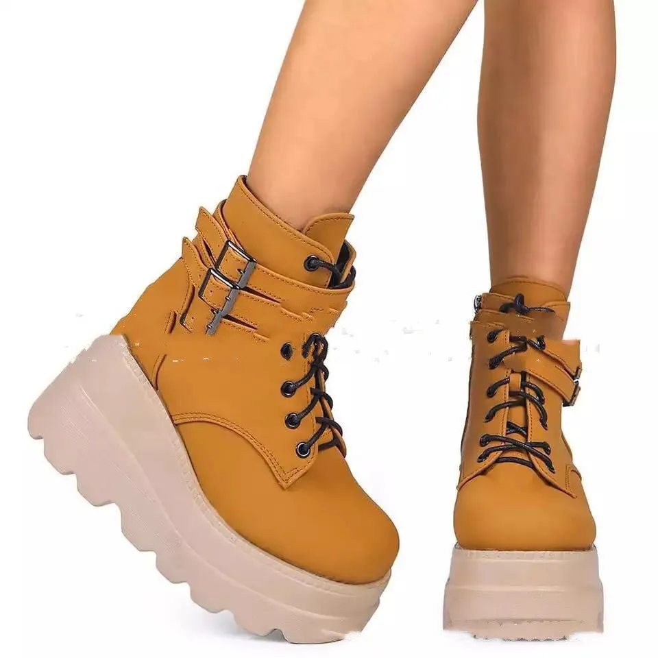 Women winter platform boots in black with front tie lace-up and genuine leather upper