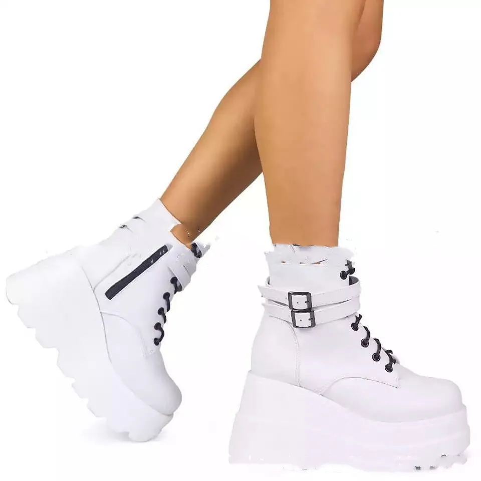 Women winter platform boots in black with front tie lace-up and genuine leather upper