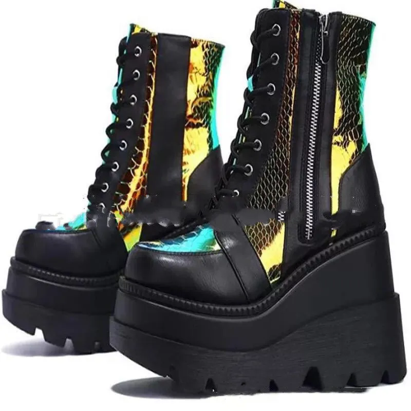 Women winter platform boots in black with front tie lace-up and genuine leather upper