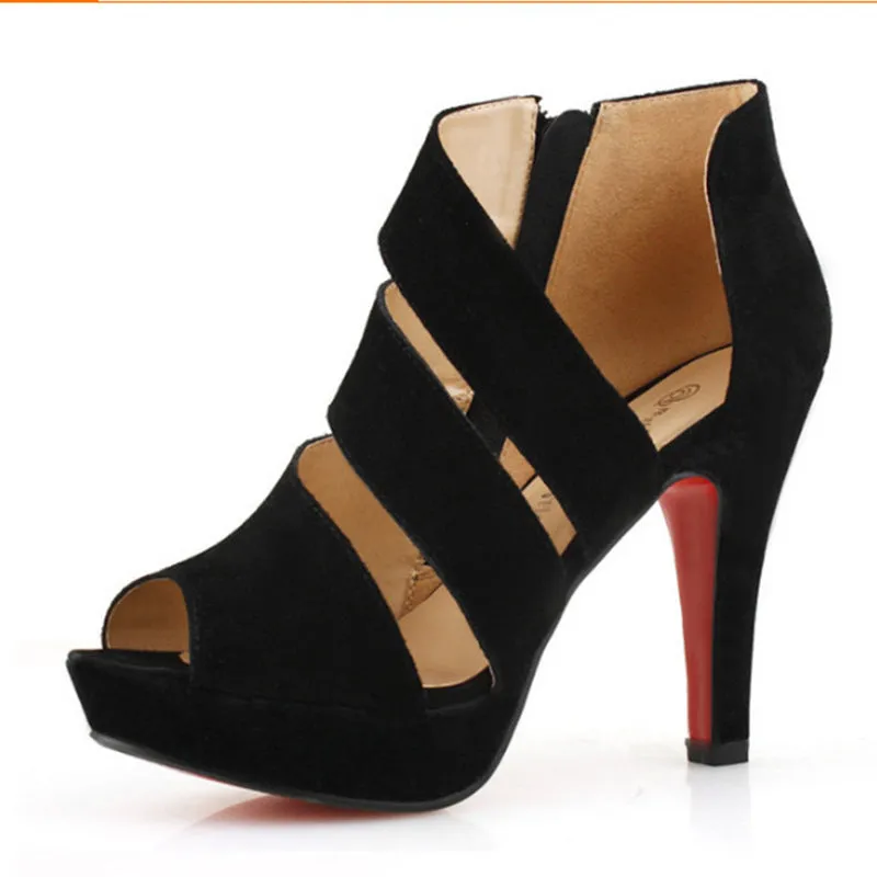 Black suede fish-mouth high heel Rome sandals with buckle strap for women
