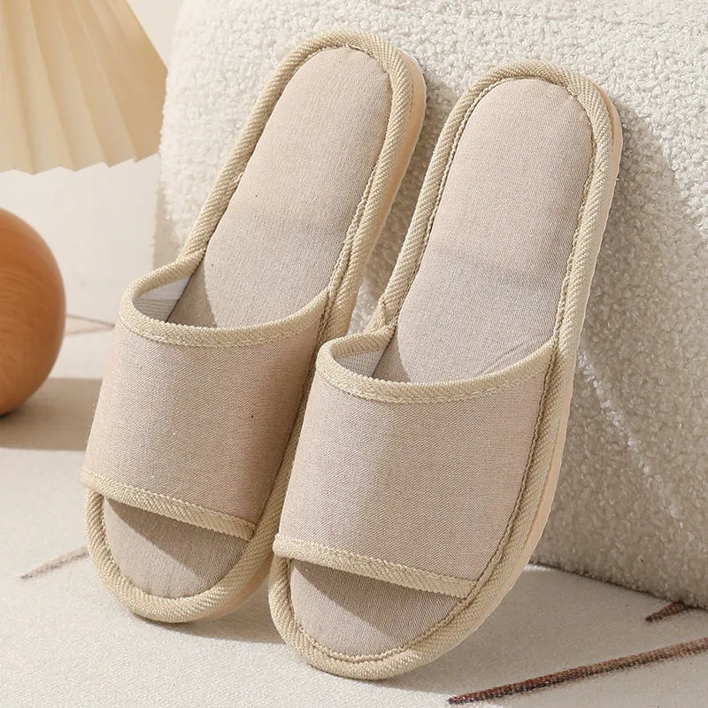 Women's open toe linen slippers in light brown, showing thickened sole and breathable design.