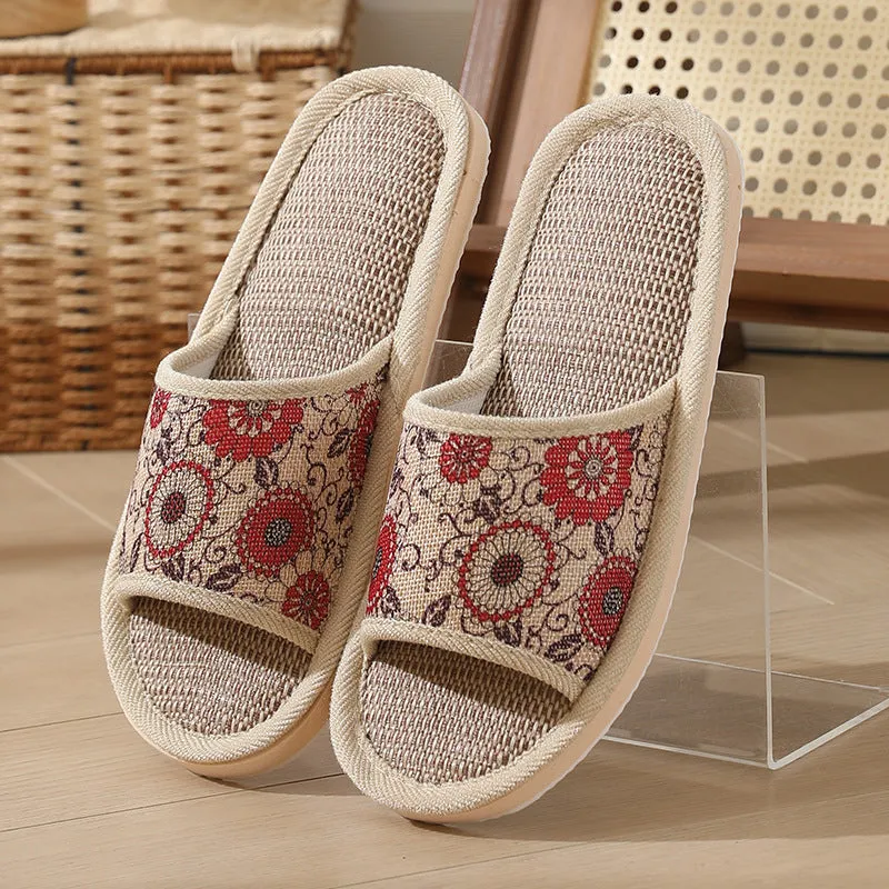 Women's open toe linen slippers in light brown, showing thickened sole and breathable design.