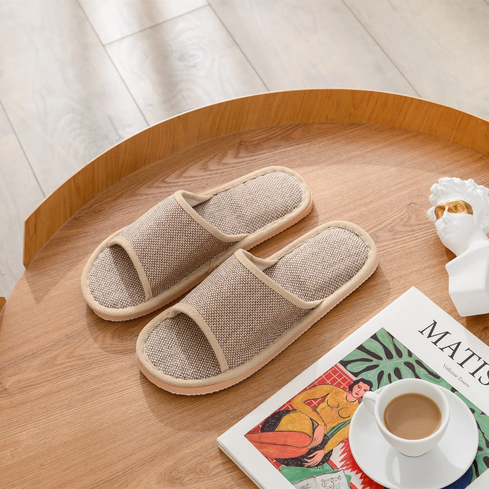 Women's open toe linen slippers in light brown, showing thickened sole and breathable design.