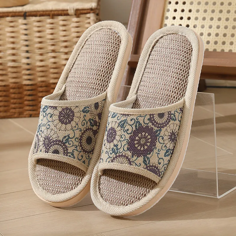 Women's open toe linen slippers in light brown, showing thickened sole and breathable design.