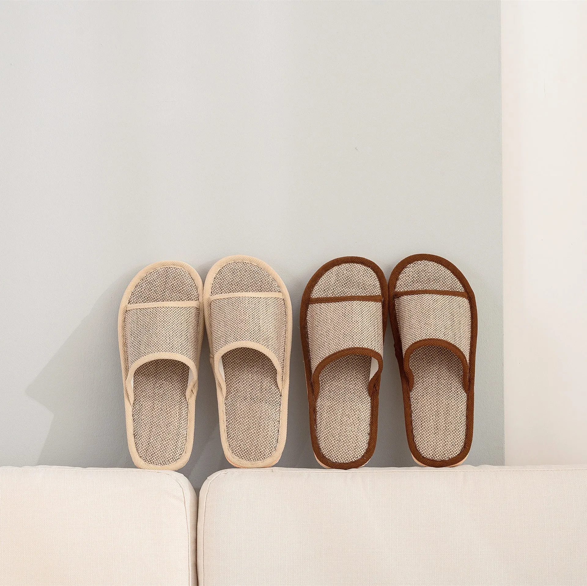 Women's open toe linen slippers in light brown, showing thickened sole and breathable design.