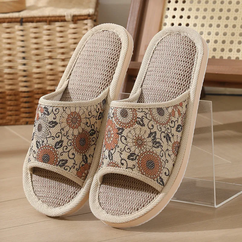 Women's open toe linen slippers in light brown, showing thickened sole and breathable design.