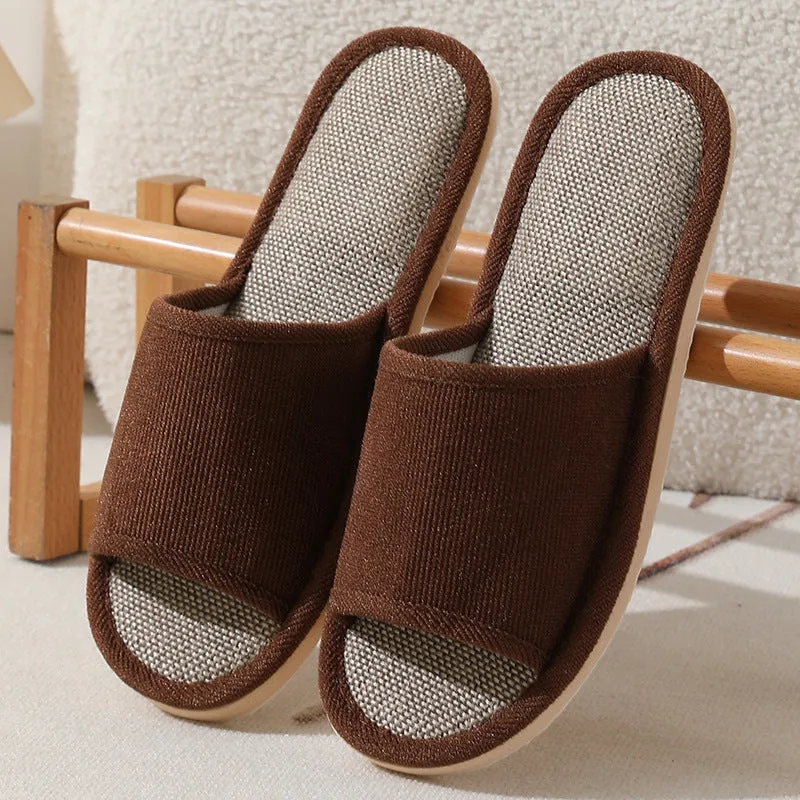 Women's open toe linen slippers in light brown, showing thickened sole and breathable design.