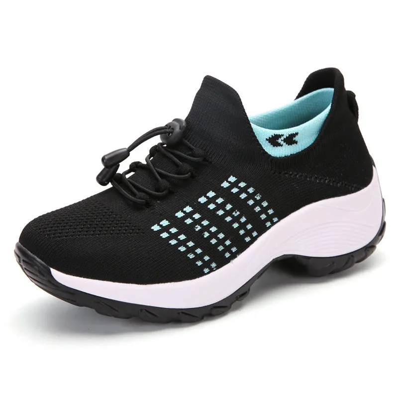Women's breathable mesh socks running shoes flat round toe cross strap colour block casual