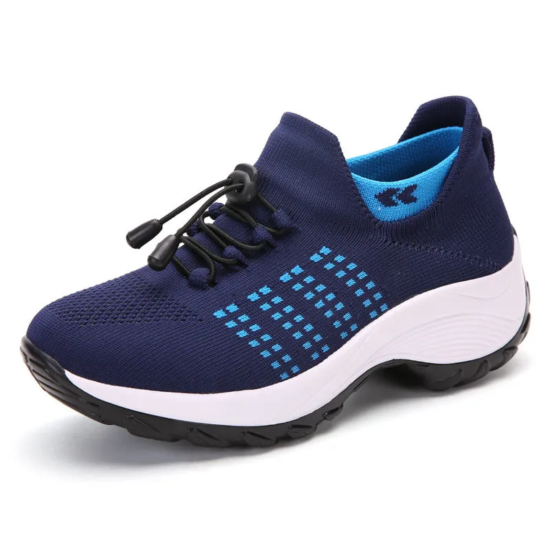 Women's breathable mesh socks running shoes flat round toe cross strap colour block casual