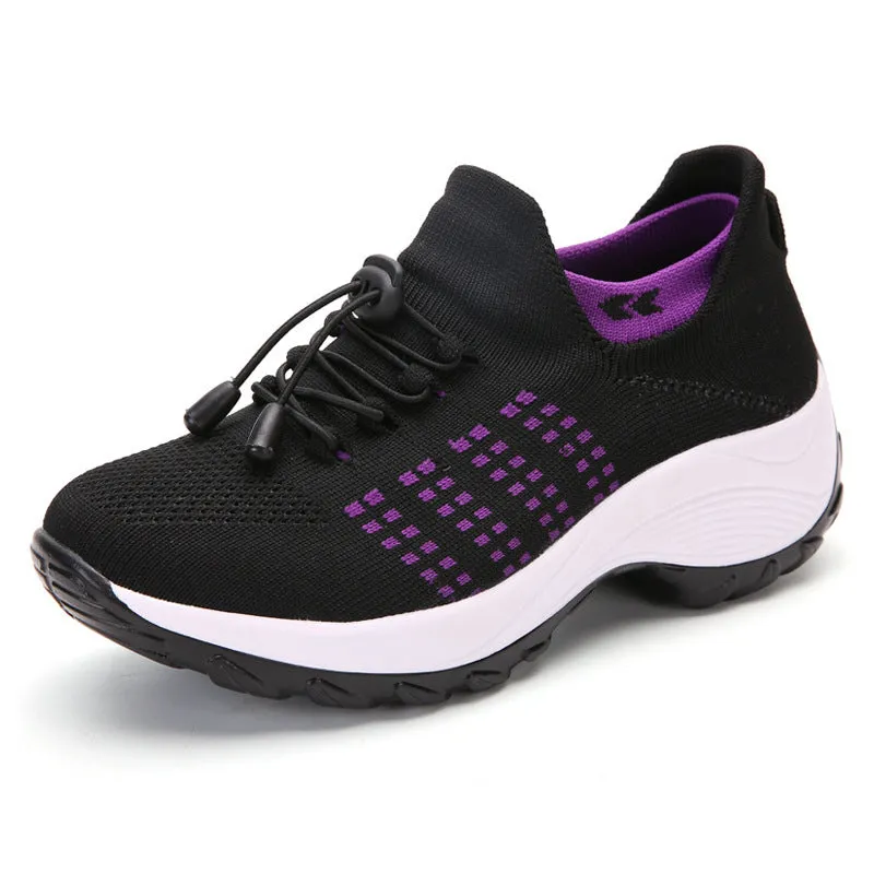 Women's breathable mesh socks running shoes flat round toe cross strap colour block casual