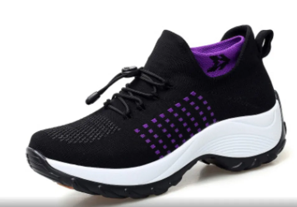 Women's breathable mesh socks running shoes flat round toe cross strap colour block casual