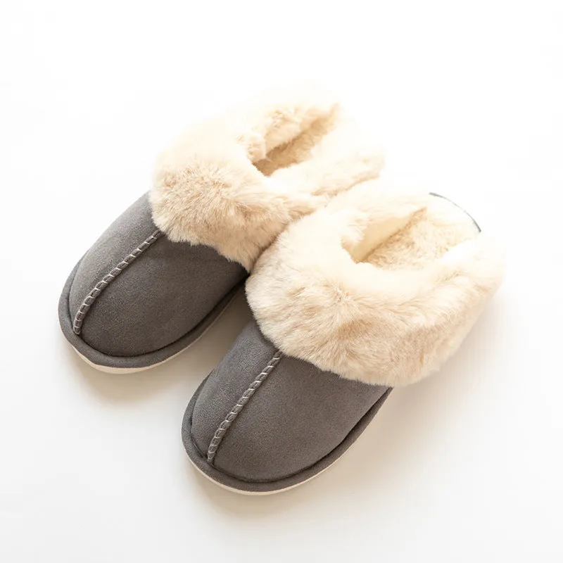 Cotton slippers with suede upper and artificial wool lining in beige, round toe, non-slip sole for home use