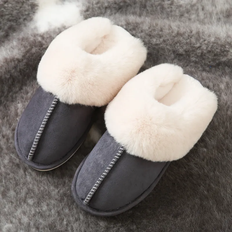 Cotton slippers with suede upper and artificial wool lining in beige, round toe, non-slip sole for home use