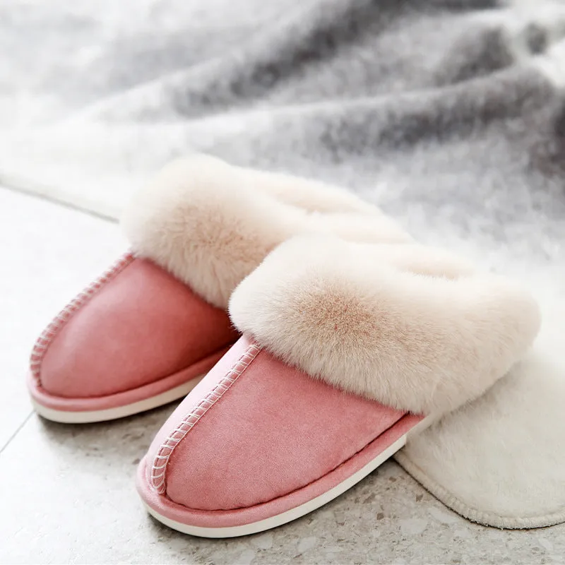 Cotton slippers with suede upper and artificial wool lining in beige, round toe, non-slip sole for home use