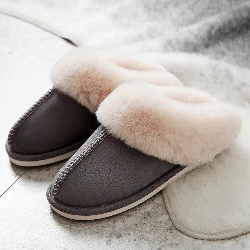 Cotton slippers with suede upper and artificial wool lining in beige, round toe, non-slip sole for home use