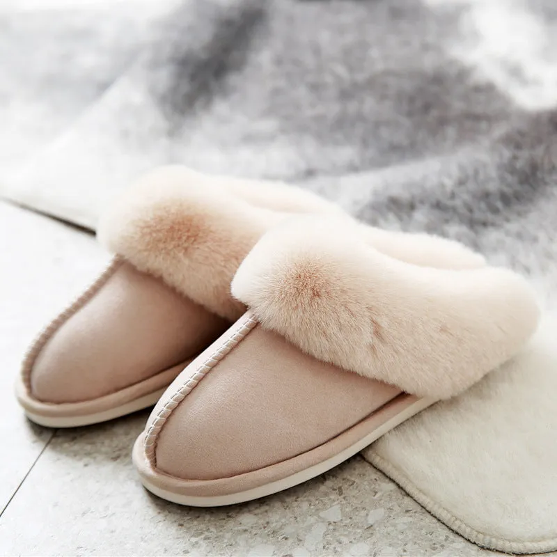 Cotton slippers with suede upper and artificial wool lining in beige, round toe, non-slip sole for home use
